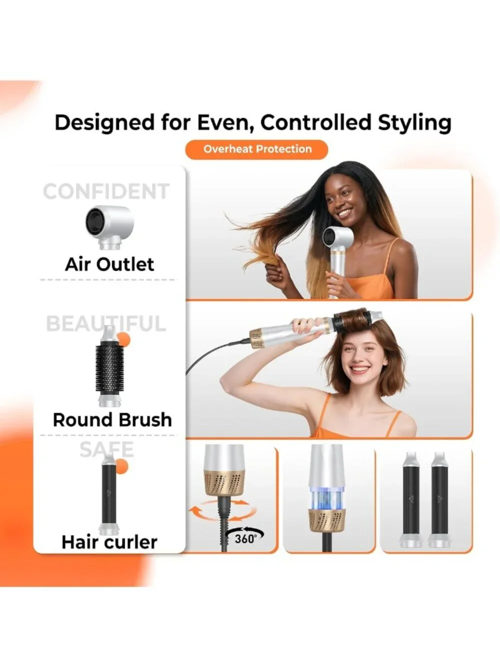 5-in-1 Hot Air Brush & Curler, Fast Drying, Adjustable Temp, Detachable Styling
